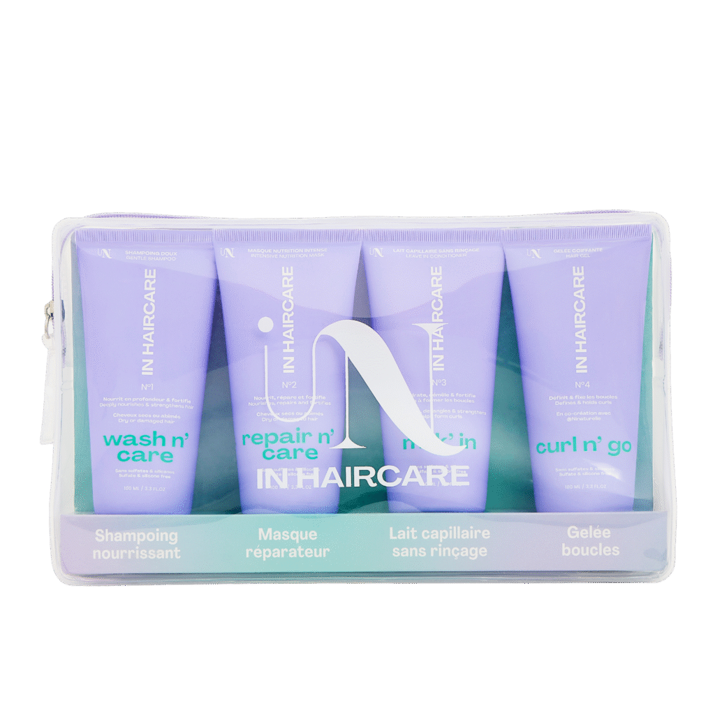 Trousse de voyage avec 4 mini de 100ml. Shampoing, Masque, Lait capillaire, Gelée capillaire. De la marque inhaircare